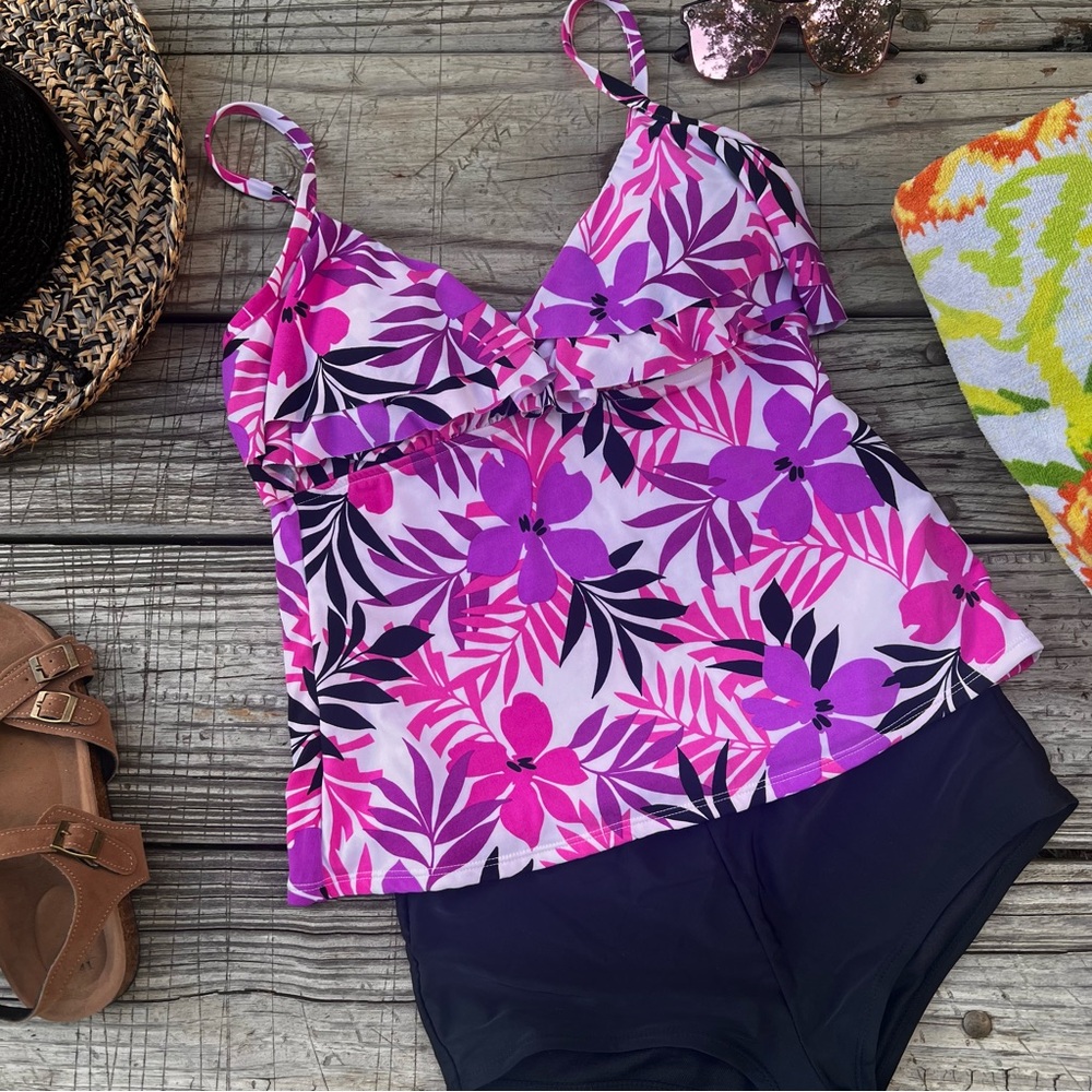 SlimShaper Floral Ruffle Tankini Swim Top – Size 10